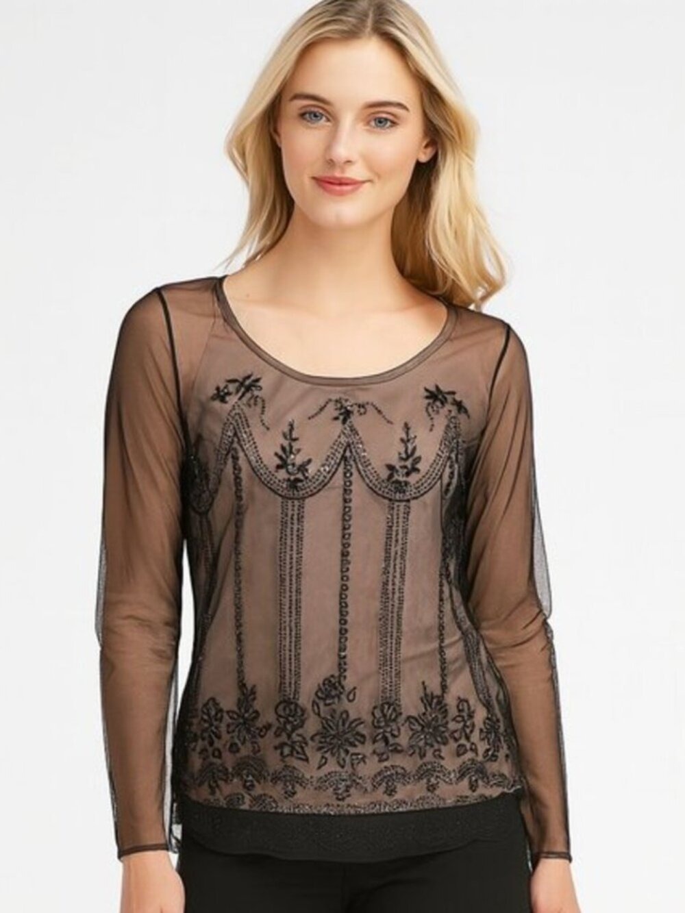 Metaphor Black Sheer Mesh Top Size L – Embroidered Beaded Long Sleeve Boho